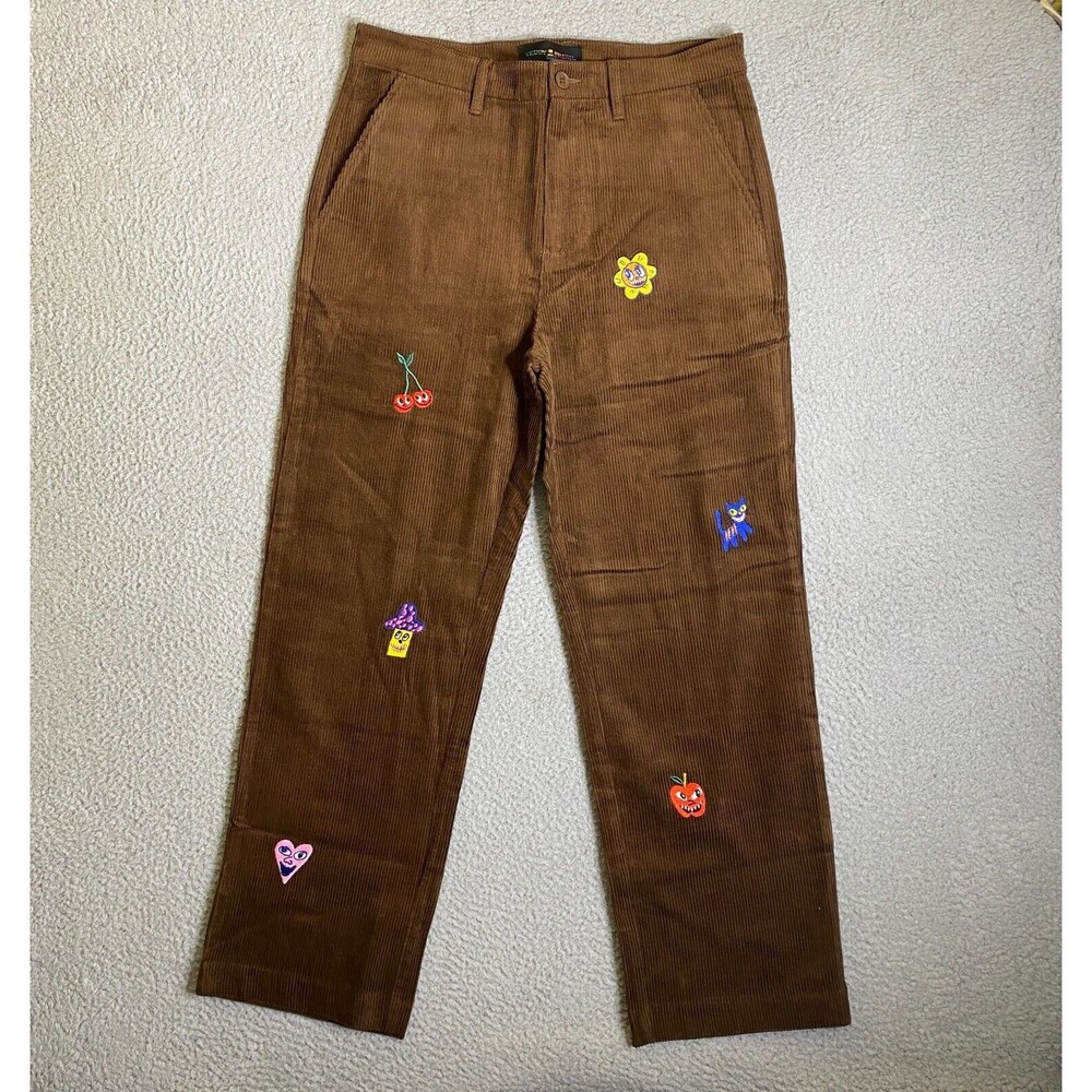 Teddy Fresh Applique Pants Mens 30 (32W) Brown Corduroy Embroidery Hipster NWOT